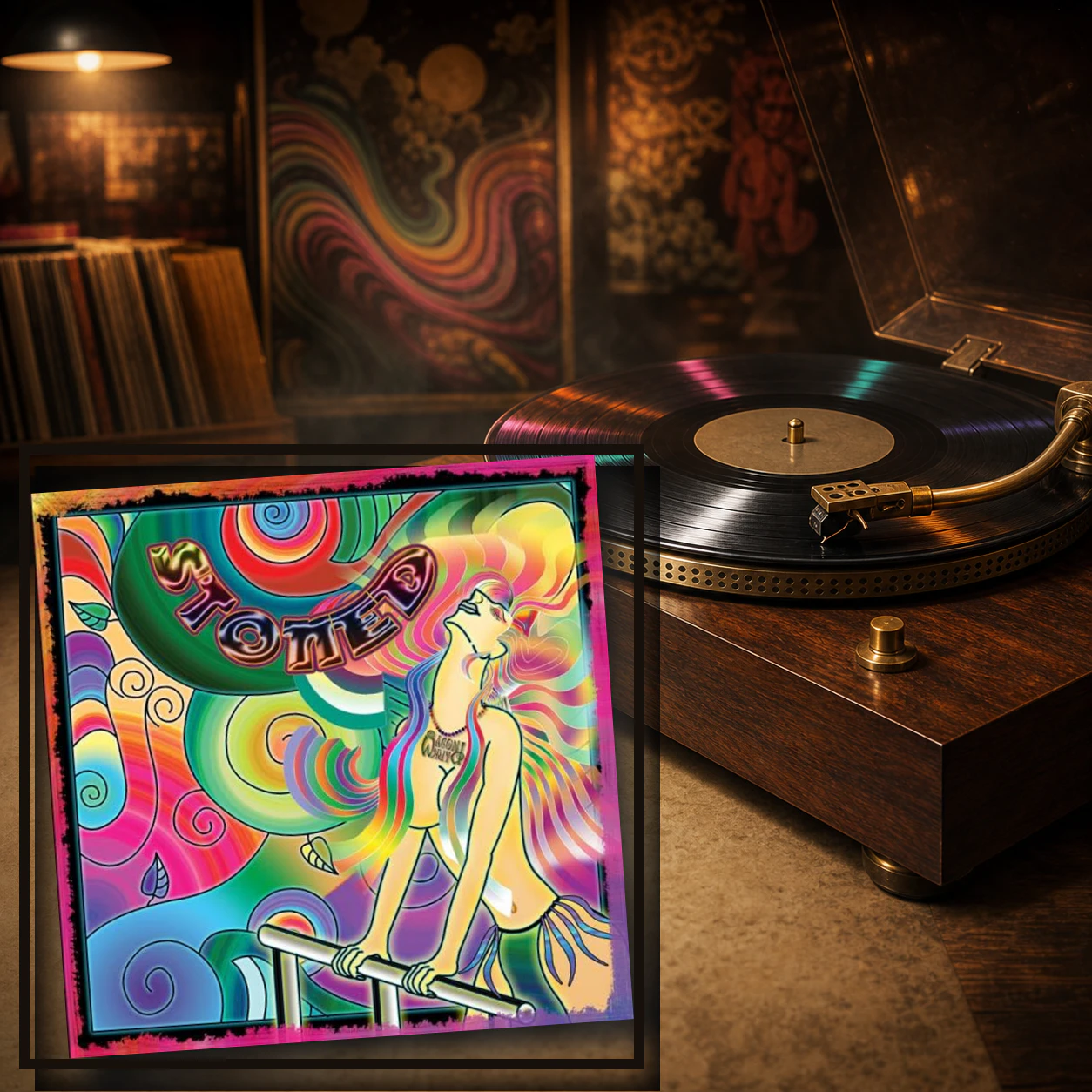 Stoned album artwork by Wagon Park presented beside a classic walnut phonograph and vinyl record